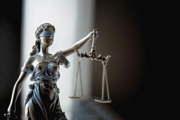 Statue of justice Goddess Themis on blurred background. Symbol of law. With copy space.