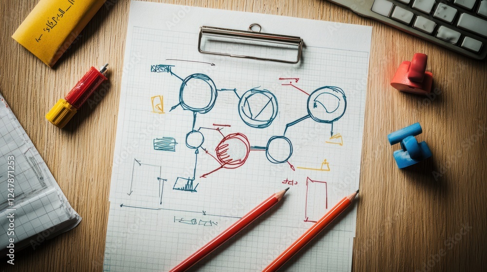 Poster workspace sketch: brainstorming session on clipboard