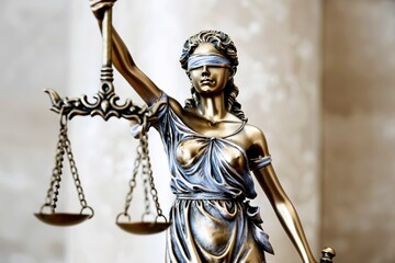 Obraz premium Statue of justice Goddess Themis on blurred background. Symbol of law. With copy space.