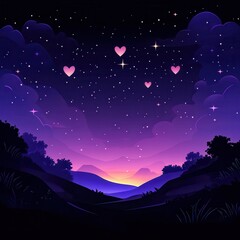 Obraz premium A serene twilight scene with purple hues, twinkling stars, and floating hearts, set against silhouetted hills and a tranquil horizon.