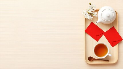 Elegant Japanese Tea Set with Cherry Blossom, Red Envelopes, and Cup of Tea on Wooden Tray