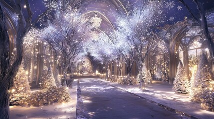 Magical winter scene, snow-covered pathway lined with illuminated trees and gothic architecture.