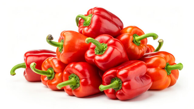 Fresh Red and Orange Bell Peppers Stacked on White Background for Culinary Use and Presentation
