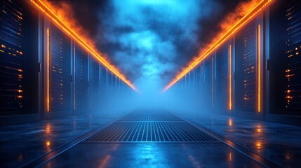 Futuristic server room corridor, glowing lights, smoky atmosphere, data center, technology concept