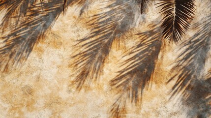 Summer beach sand detail, dancing palm leaf shadows, soft golden illumination, minimal nature composition, peaceful coastal mood, organic shadow art, pure simplistic style, overhead view