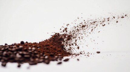 Coffee bean evolution, scattered ground coffee trail, organic powder spread, pristine white backdrop, minimalist culinary art, natural particle texture, professional food styling