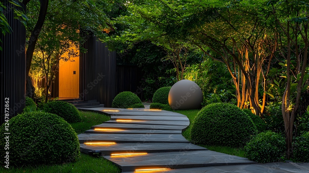 Poster elegant and tranquil entryway garden featuring neatly trimmed round bushes and soft warm lighting th