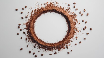 Circular coffee frame, scattered whole beans, powdered coffee ring, pure white background, floating particle effect, minimalist food composition, negative space design, overhead lighting