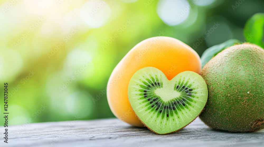 Poster fresh sliced kiwi fruit with heart shape next to fuzzy fruits on wooden table in green setting