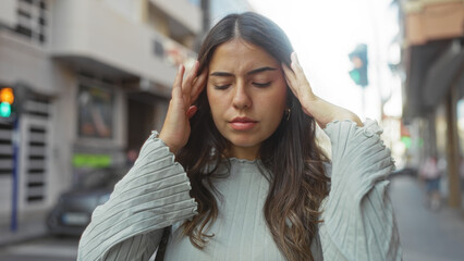 Woman with headache on urban city street outdoors, hispanic brunette feeling pain while standing...