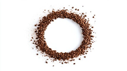 Circular coffee composition, dispersed beans arrangement, powder ring texture, stark white background, abstract food art, organic particle scatter, high contrast detail