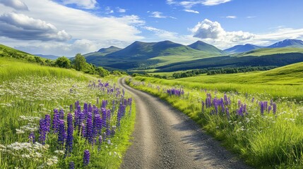 Picturesque Pathway Through a Lush Meadow with Distant Mountain Views