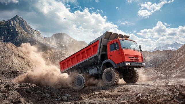 large tipper truck with raised cargo bed, red cab, grey metal container, construction machinery, dusty worksite, dynamic clouds, environmental industrial photography, natural setting