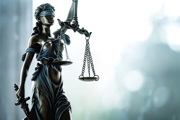Naklejka premium Statue of justice Goddess Themis on blurred background. Symbol of law. With copy space.
