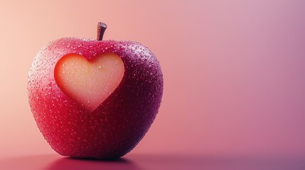 Obraz premium A glossy red apple with a heart-shaped cutout, glistening with droplets, set against a soft pink background.