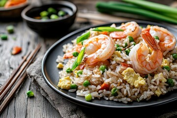 Savoring a delectable plate of chinese cuisine fried rice with shrimp and peas a culinary delight in a rustic kitchen setting captured from a top-down viewpoint