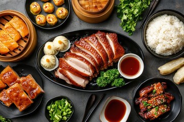 Traditional chinese banquet table with authentic dishes restaurant setting culinary showcase indoor atmosphere top-down perspective celebrating chinese cuisine and culture