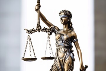 Statue of justice Goddess Themis on blurred background. Symbol of law. With copy space.