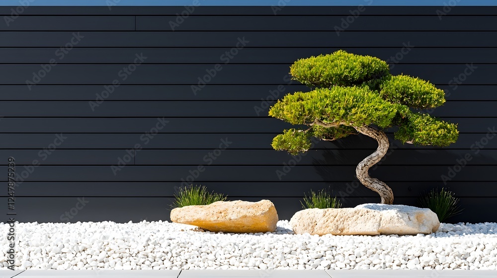 Poster lush sculptural bonsai tree standing alone in a serene minimalist front yard garden filled with smoo