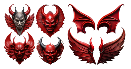 Red Demon Masks with Horns and Wings for Halloween Decorations, isolated on transparent background