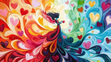 Obraz premium A vibrant painting of a woman in a flowing dress, surrounded by colorful swirls and heart shapes, symbolizing love and emotion.
