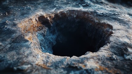 Deep Circular Hole in Rough Textured Ground Surface in Nature