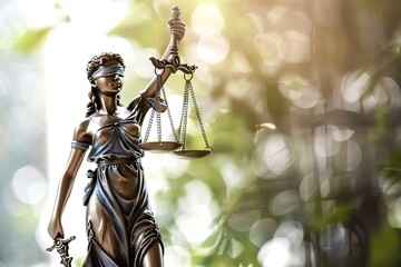 Statue of justice Goddess Themis on blurred background. Symbol of law. With copy space.