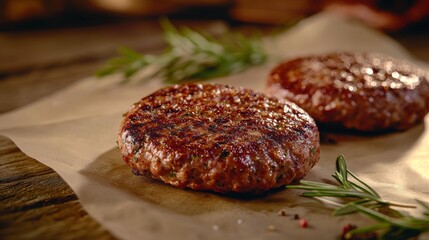 Obraz premium culinary detail shot of seasoned meat patties, craft paper background, fresh herb accents, soft lighting, professional food photography, high resolution texture