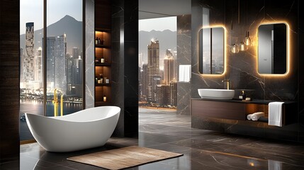 Luxurious hotel style bathroom with a freestanding bathtub gold fixtures large mirrors and panoramic city views
