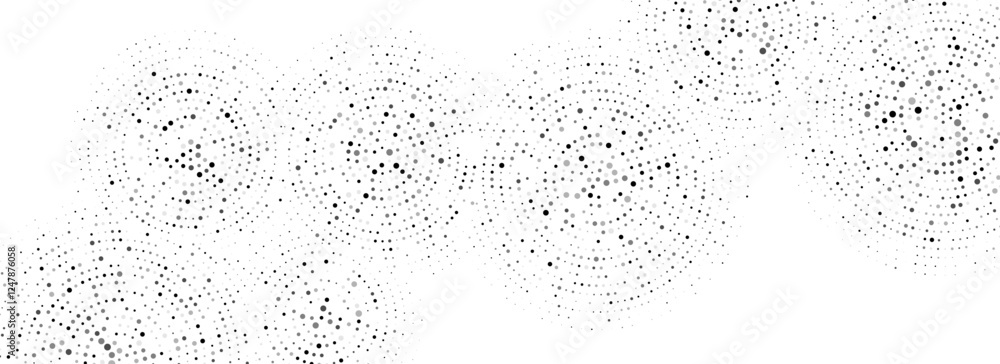 Poster black dotted concentric circle pattern. radial halftone abstract drop wallpaper. rippled sound wave 