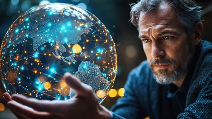 Digital Globe in Hands: A thoughtful man examines a glowing digital globe, the map of the world, representing global connectivity and technological advancement. - Powered by Adobe