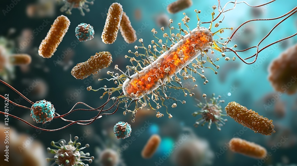 Poster Microscopic view of bacteria or cells in a veterinary laboratory setting showcasing a science focused concept with colorful vibrant and dynamic imagery