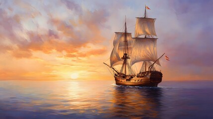 Fototapeta premium A tall ship sails gracefully upon the ocean at sunset
