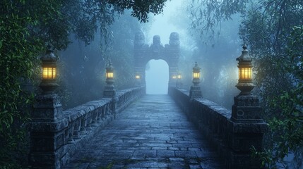 Majestic Stone Bridge Arching Over Foggy Jungle Pathway
