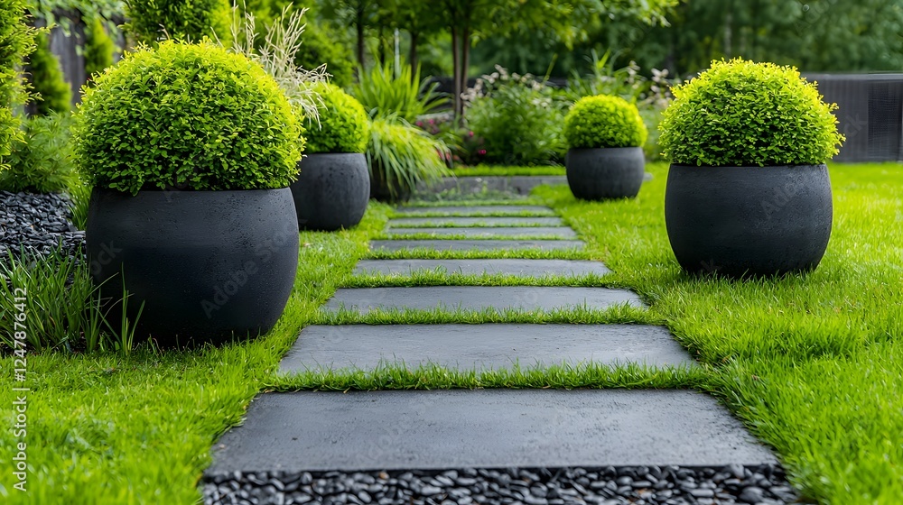 Poster minimalist and geometric front garden design with symmetrically arranged square concrete planters fi
