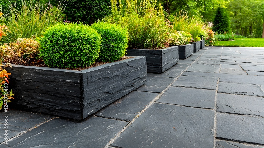 Poster minimalist and contemporary garden design with rectangular planter boxes in a sleek geometric layout