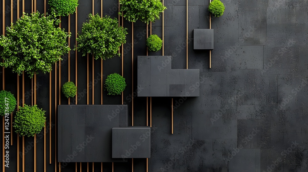 Poster Minimalist and Geometric Garden Design with Rectangular Planter Boxes and Dark Gray Stone Pavement Creating a Tranquil and Serene Outdoor Space with Lush Foliage and Natural Textures