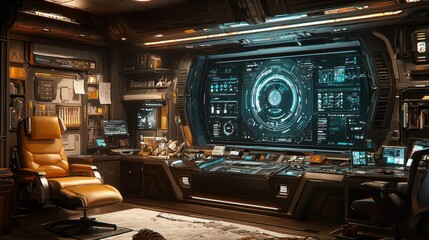 Futuristic spaceship control room interior; captain's chair, large screen displays, tech background