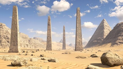 Monumental Tomb Complex with Towers Surrounded by Desert Landscape