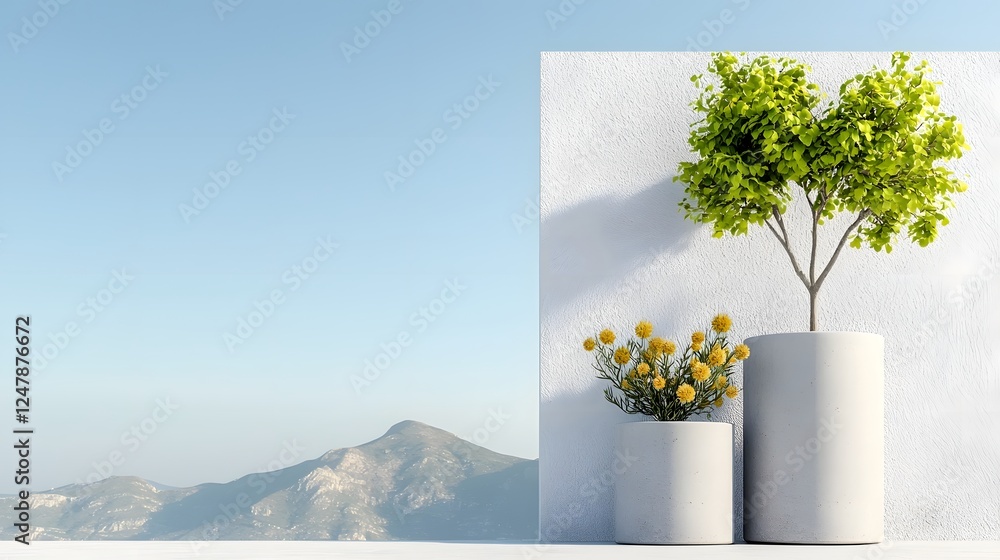 Poster minimalist and symmetrical front garden design featuring square concrete planters with lush green fo