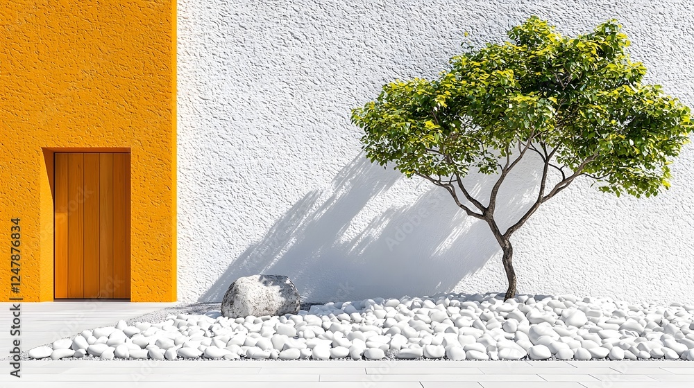 Poster minimalist and tranquil front yard garden featuring a single sculptural tree surrounded by a sea of 