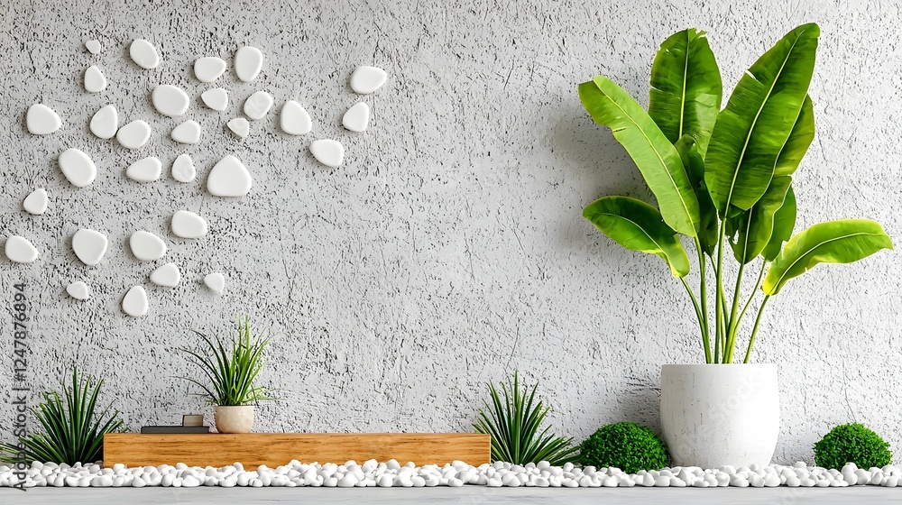 Poster minimalist and tranquil tropical garden featuring lush banana trees and decorative white gravel crea