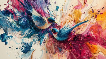 Two vibrant birds are depicted amidst a colorful explosion of paint, showcasing dynamic movement and artistic expression.