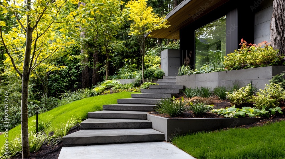 Poster minimalist modern garden with layered concrete planters and a sleek serene pathway surrounded by lus