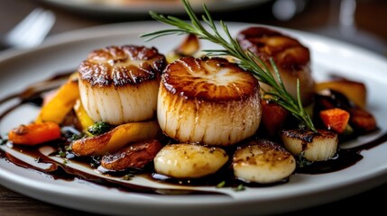 Seared Scallops with Roasted Vegetables and Balsamic Glaze