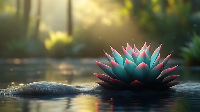 Serene Succulent By Still Water In Misty Forest