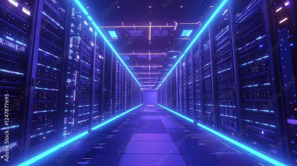 Poster futuristic data center corridor with glowing blue lights for technology presentations, it infrastruc