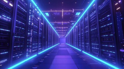 Fototapeta premium Futuristic data center corridor with glowing blue lights for technology presentations, IT infrastructure promotions, and cloud computing visuals