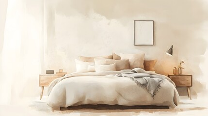 Watercolor painting showcases a serene and minimalist bedroom interior
