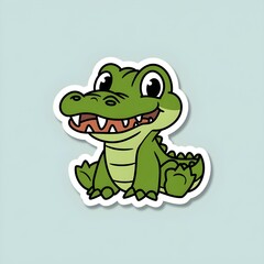 Obraz premium Cute green crocodile sticker with big eyes and a friendly smile on a light blue background. Generative AI